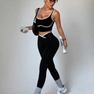Seamless Yoga Set Women 2 Piece Gym Set Contrast Trim Crop Top Crossover V Waist Leggings Workout Outfits Fitness Sportswear Sui