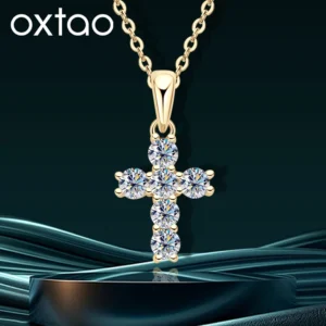 OXTAO 3mm D Moissanite Cross Pendant Necklace for Women Anniversary Gift Fine Jewelry 14K Gold Filled Charm Statement Necklace