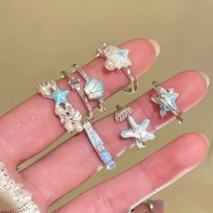 Sweet Blue Starfish Shell Rings for Women Girls Fashion Imitation Pearl Open Rings Summer Ocean Vacation Jewelry Accessories